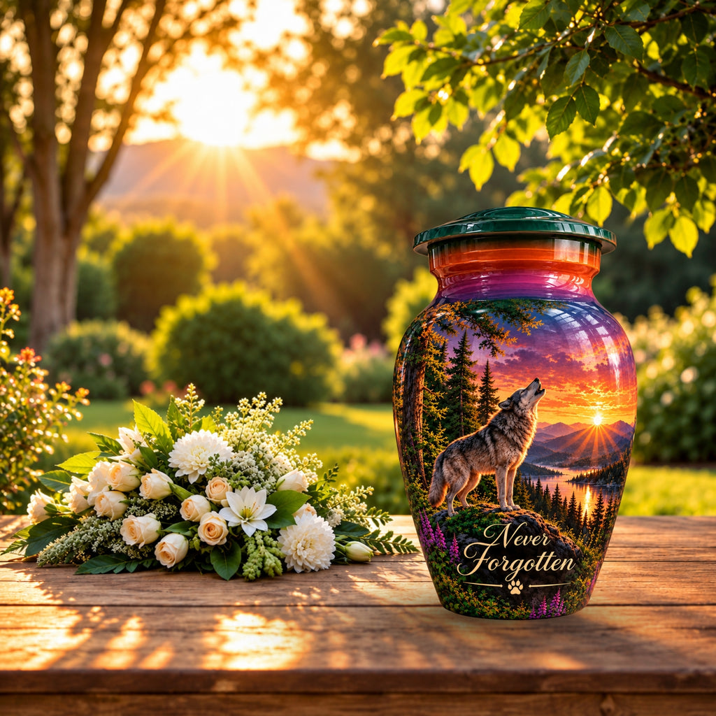 Wolf and Lake Cremation Urn for Human Ashes – Personalized Handmade Aluminum Urn