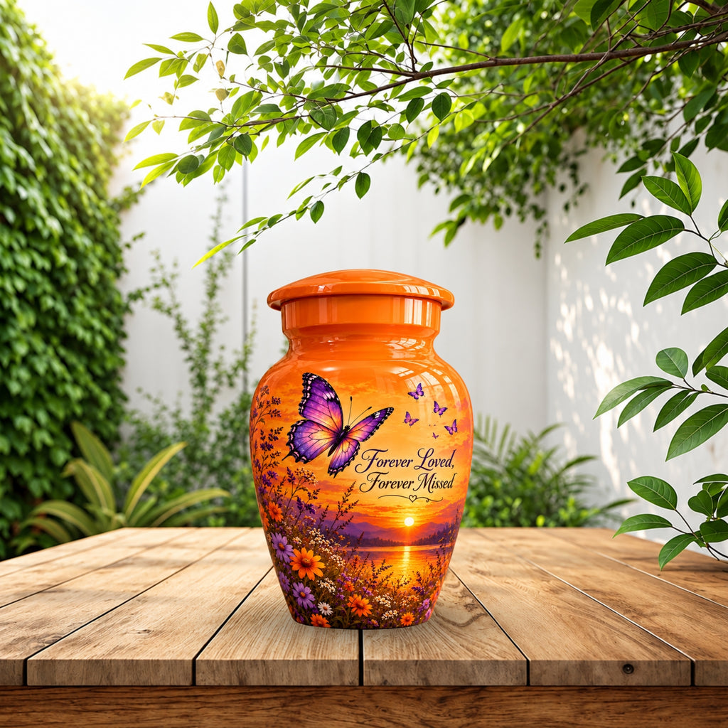 Orange Sunset Purple Butterfly Cremation Urn for Human Ashes – Personalized Handmade Aluminum Urn