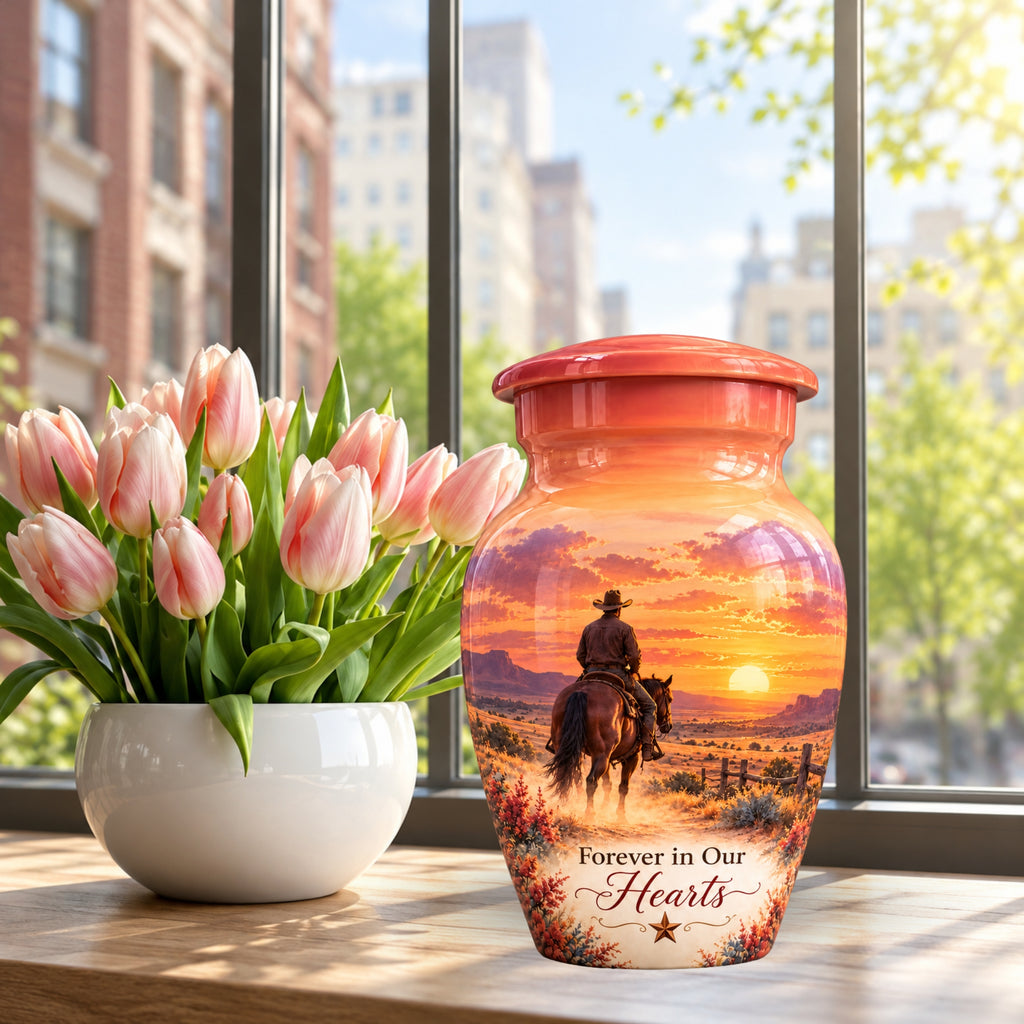 Watercolor Horse and Rider Cremation Urn for Human Ashes – Personalized Handmade Aluminum Urn