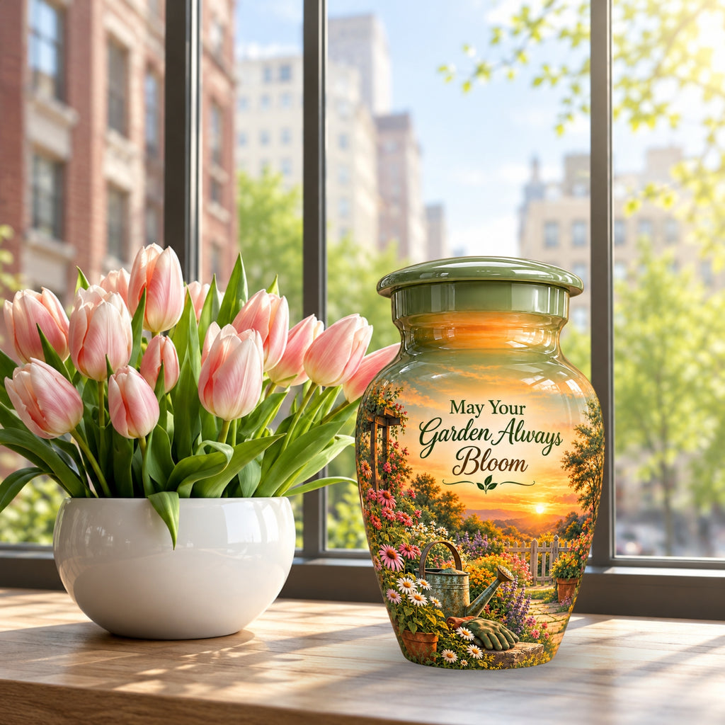 Peaceful Garden Sunset Cremation Urn for Human Ashes – Personalized Handmade Aluminum Urn