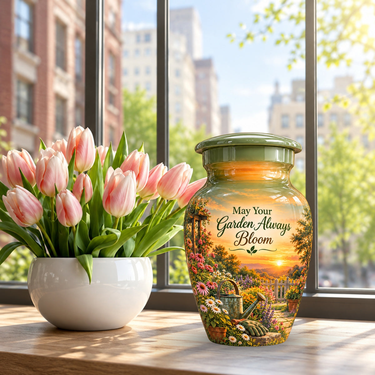 Peaceful Garden Sunset Cremation Urn for Human Ashes – Personalized Handmade Aluminum Urn