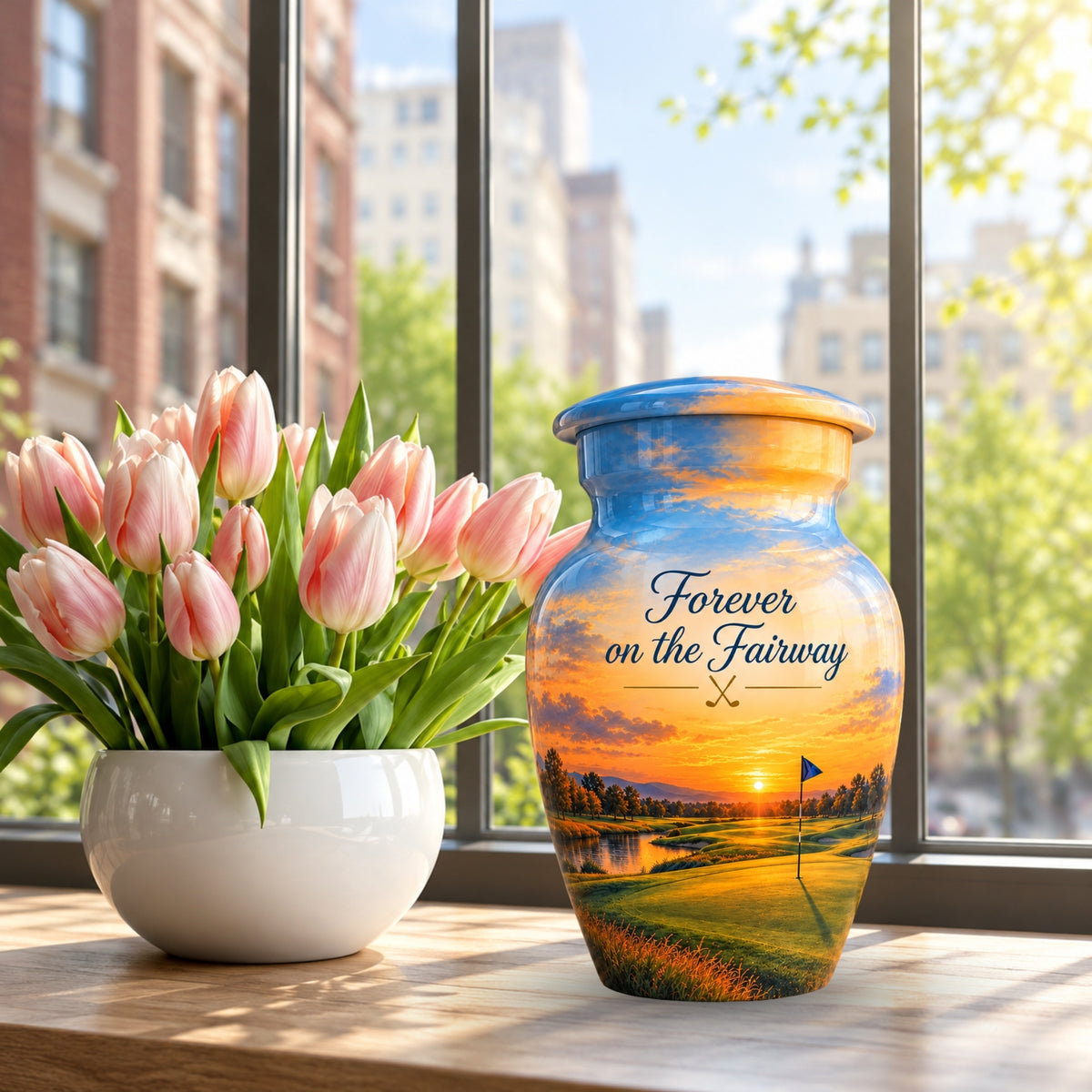 Golf Course Sunset Cremation Urn for Human Ashes – Personalized Handmade Aluminum Urn