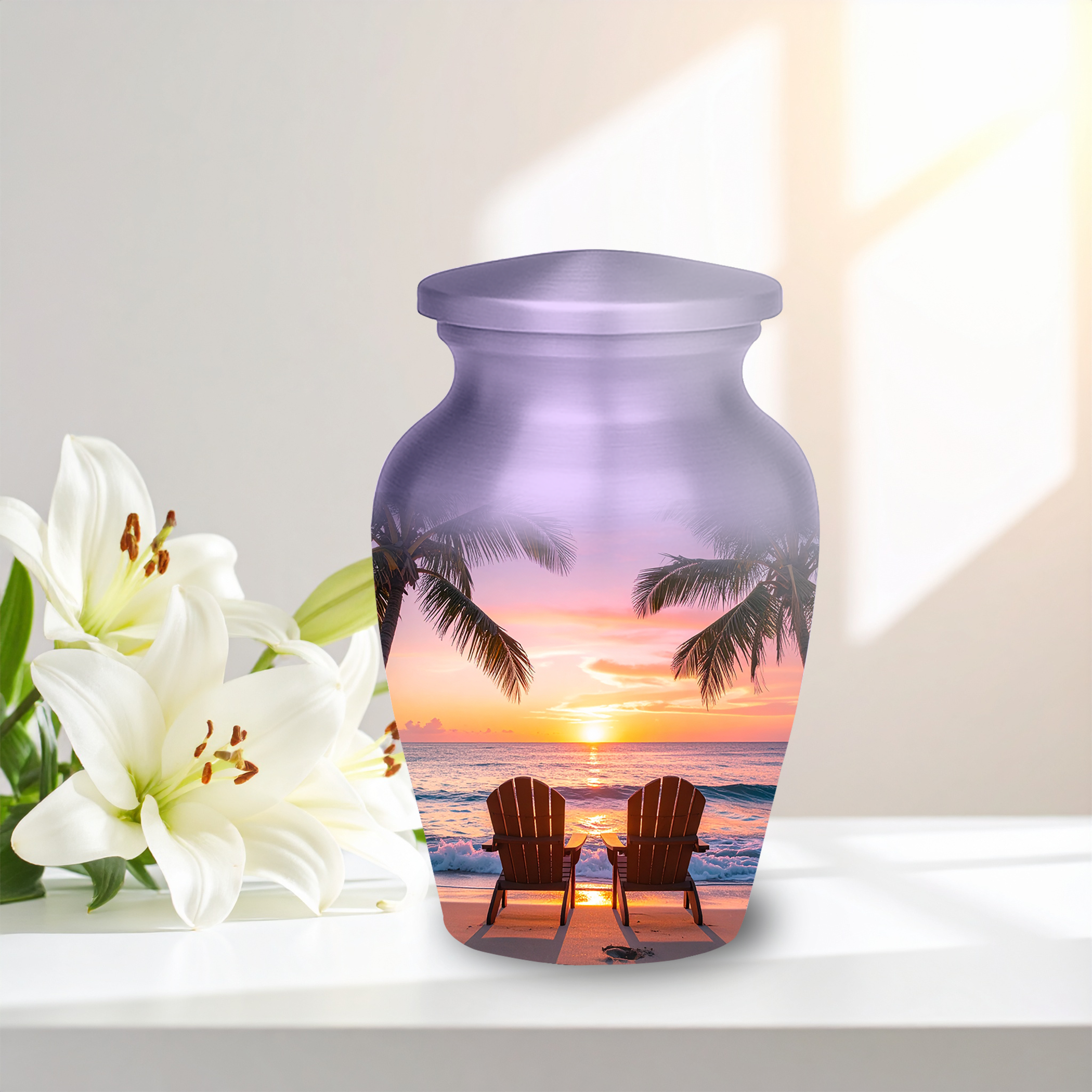 Vibrant ocean sunset graphic on a tropical beach cremation urn, showing warm colors and calm waves