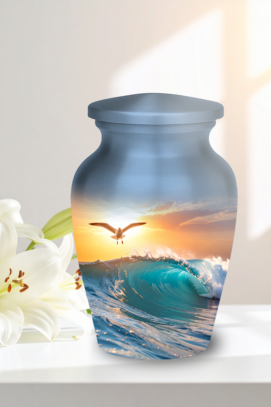 Beautiful keepsake urn with sunset and sea horizon view