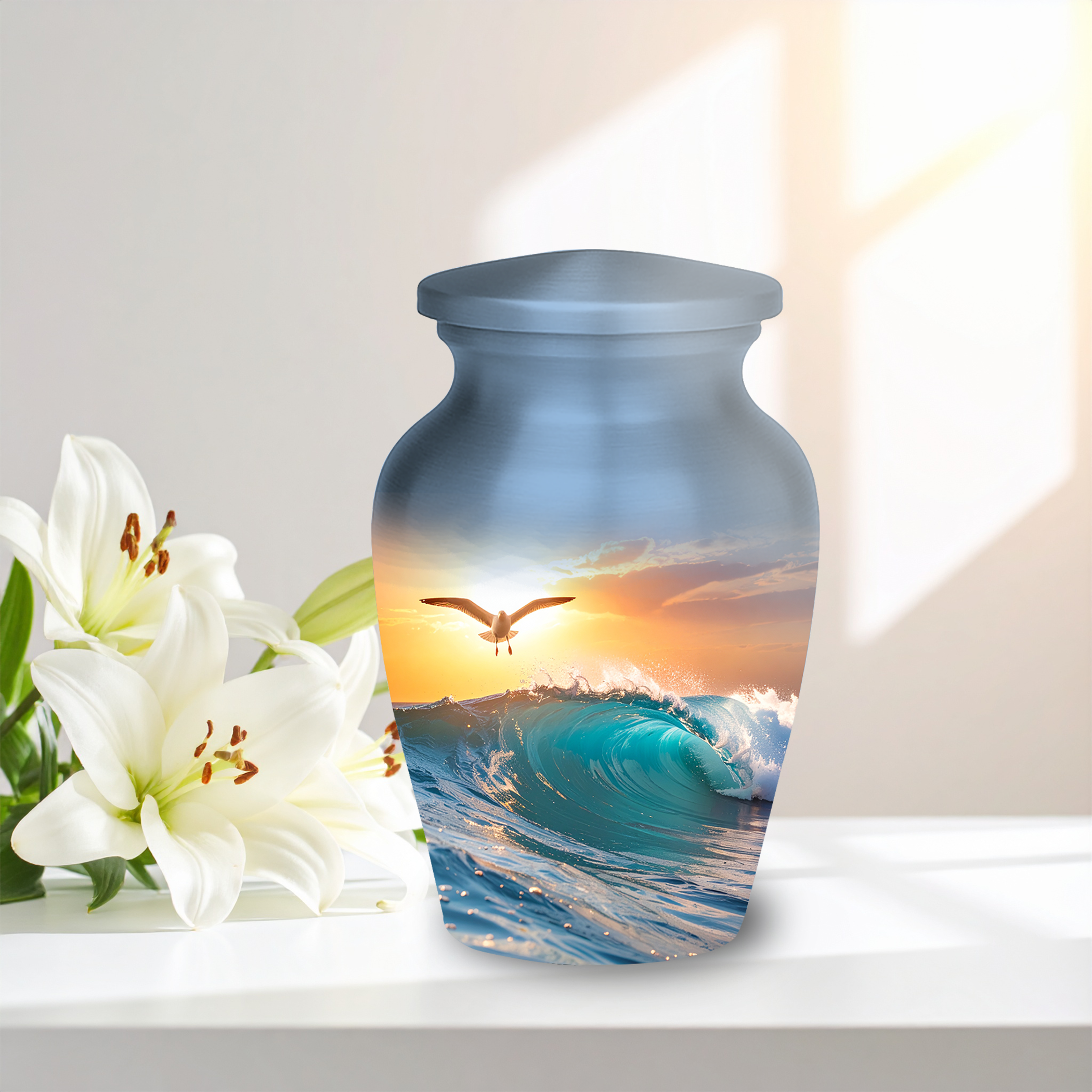Beautiful keepsake urn with sunset and sea horizon view