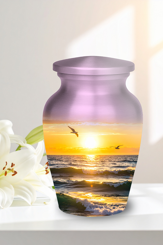 Beautiful keepsake urn with sunset and ocean wave design
