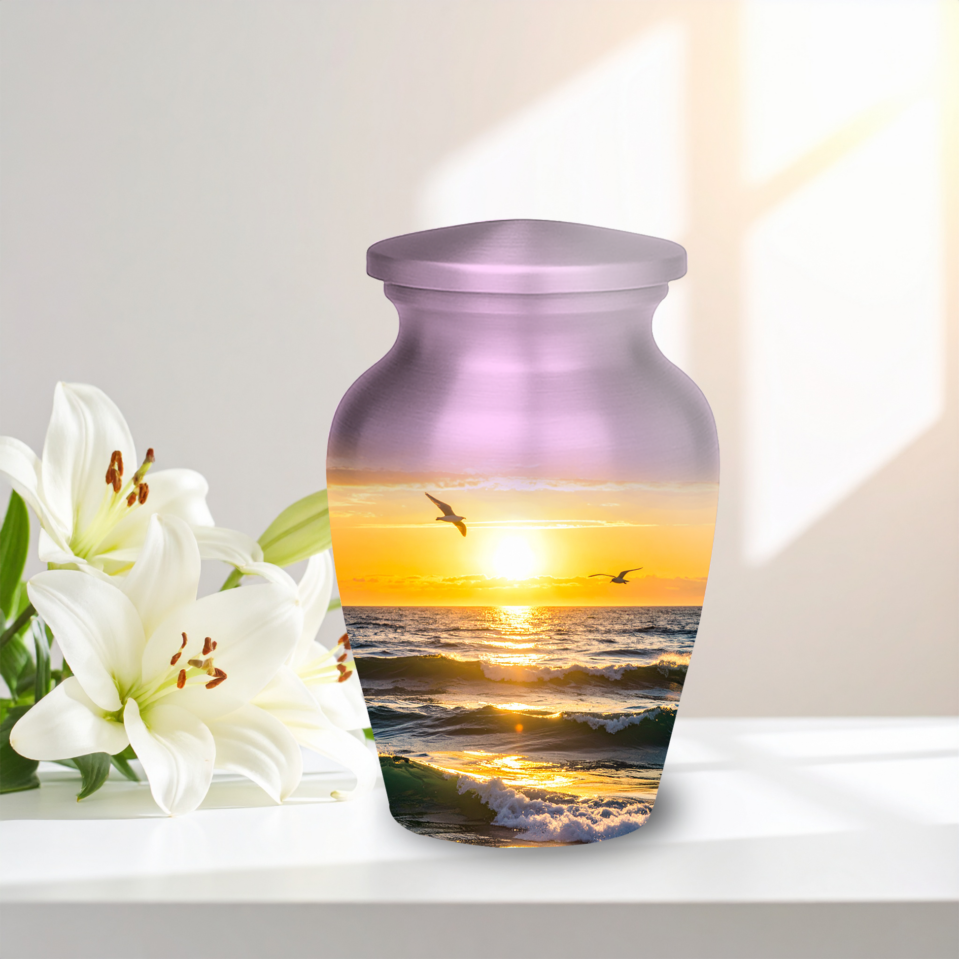 Beautiful keepsake urn with sunset and ocean wave design