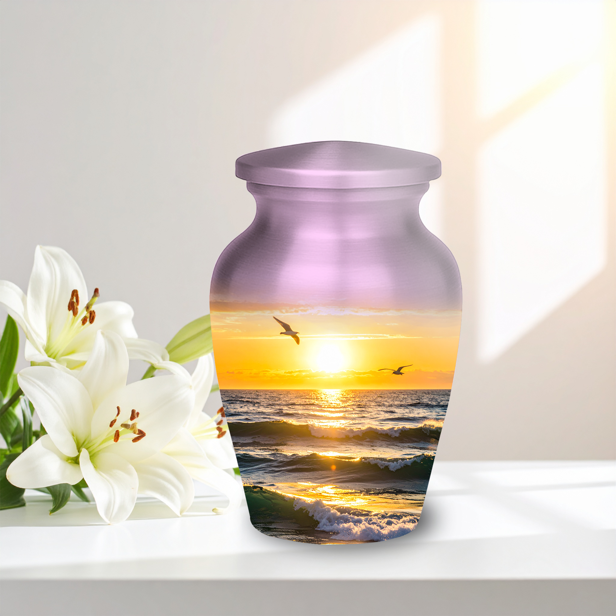 Beautiful keepsake urn with sunset and ocean wave design