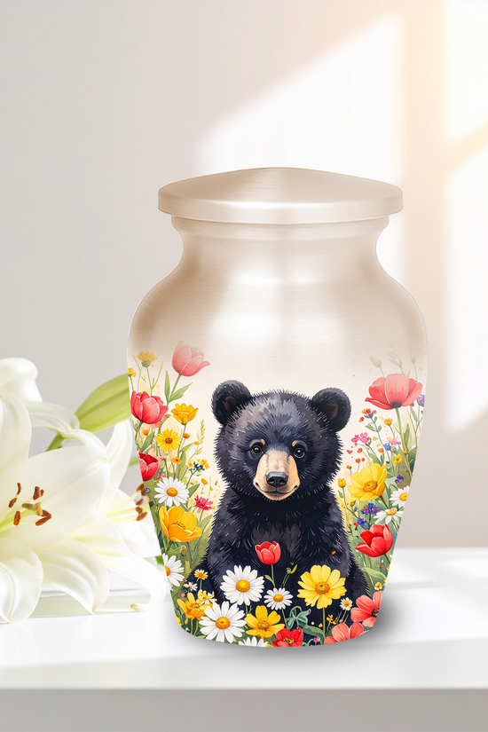 Black Bear in Wild Flower Cremation Urns for Human Ashes | Adult & Keepsake Urns | Premium Aluminum Memorial Urns | Beautiful Funeral Keepsakes