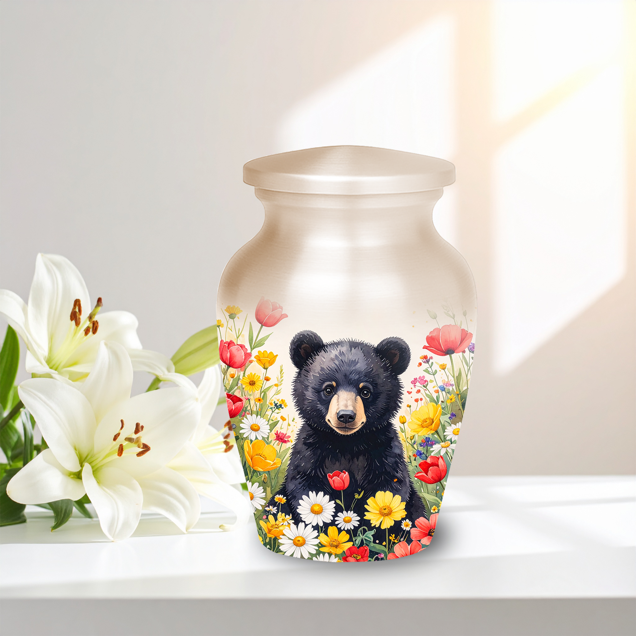 Black Bear in Wild Flower Cremation Urns for Human Ashes | Adult & Keepsake Urns | Premium Aluminum Memorial Urns | Beautiful Funeral Keepsakes