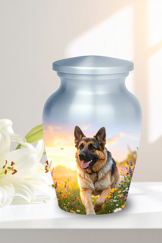  German Shepherd running through lush green grass and wildflowers on a memorial urn
