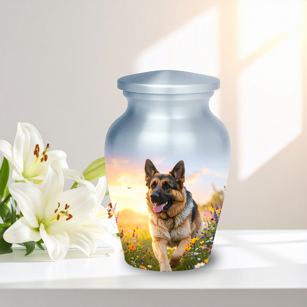  German Shepherd running through lush green grass and wildflowers on a memorial urn