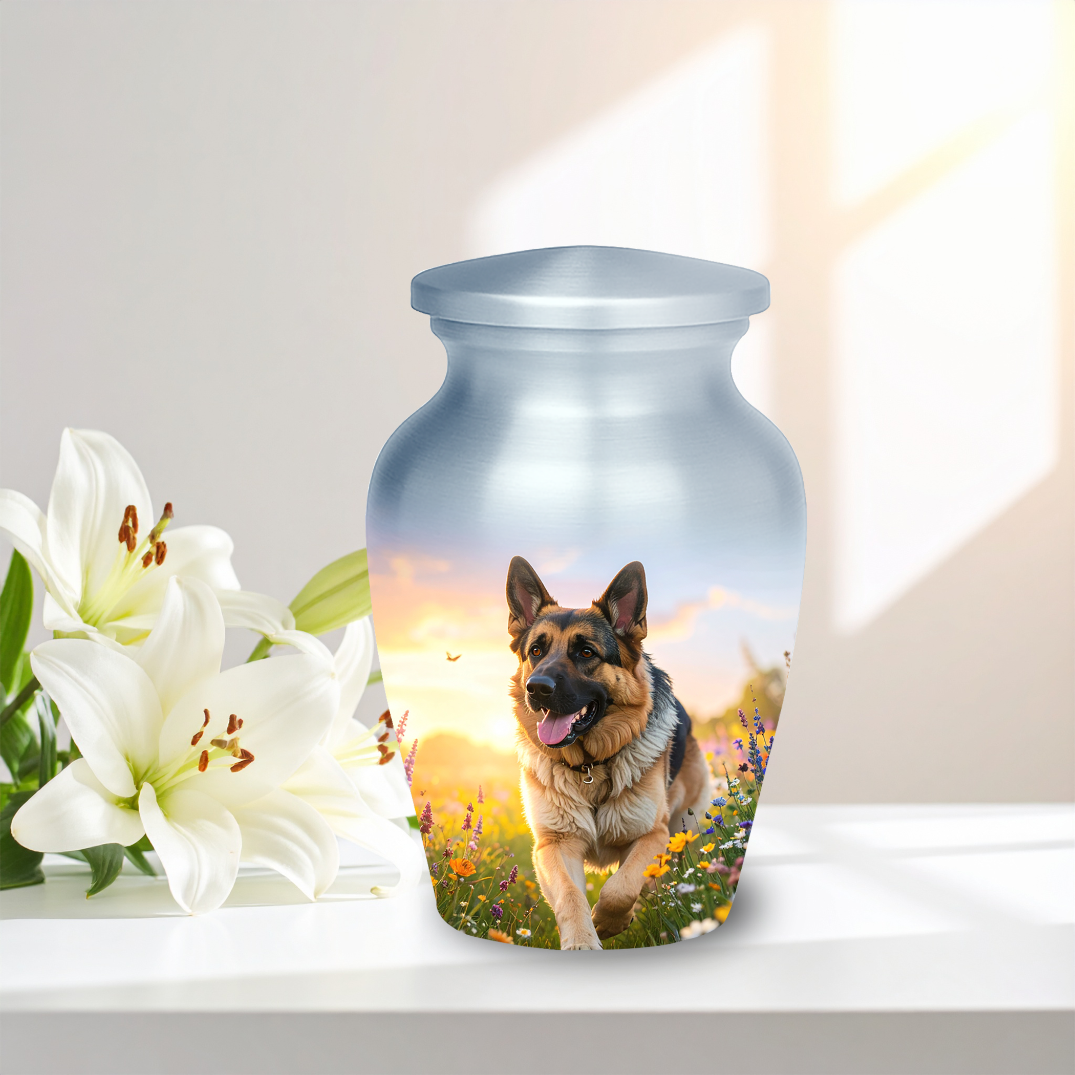  German Shepherd running through lush green grass and wildflowers on a memorial urn