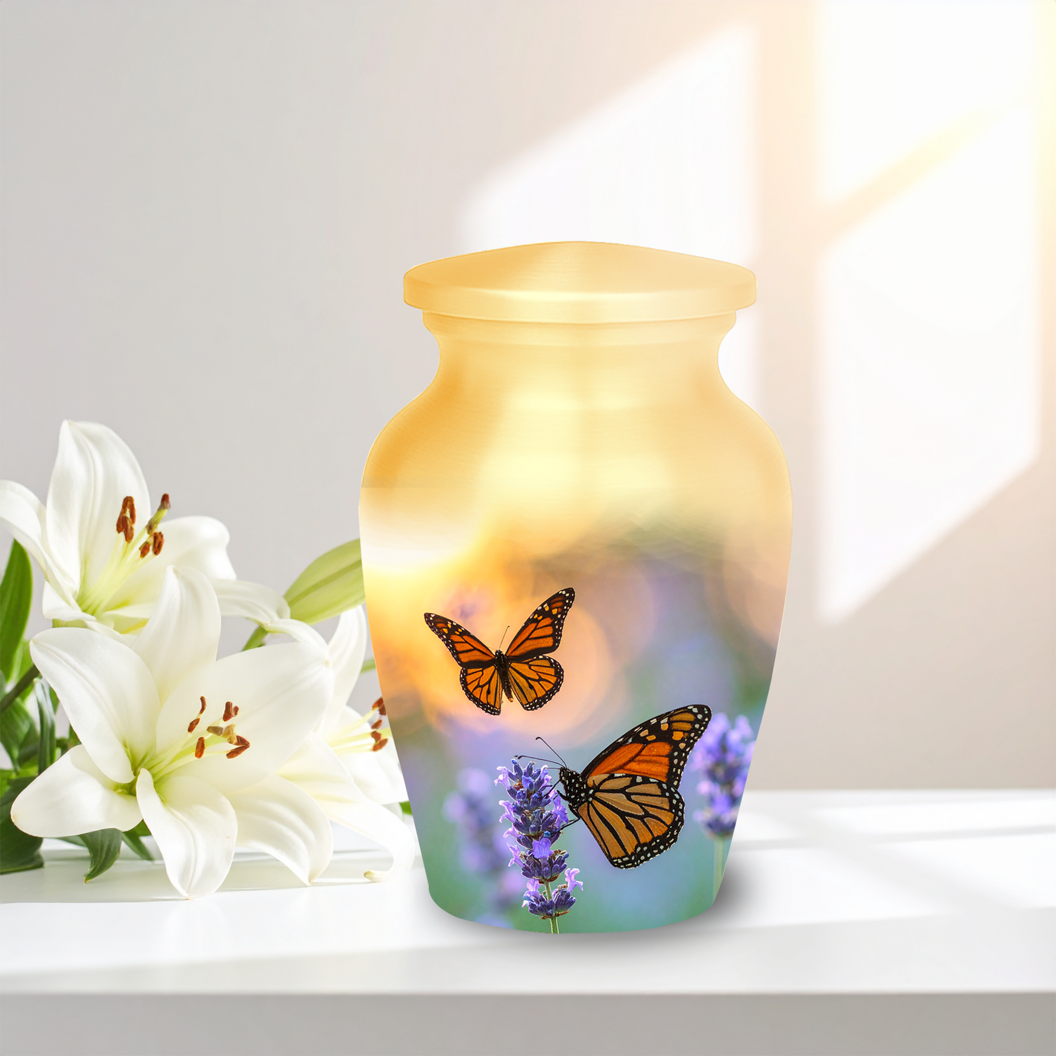Beautiful butterfly cremation urns for human ashes decorative aluminum funeral urns sunset lavender design
