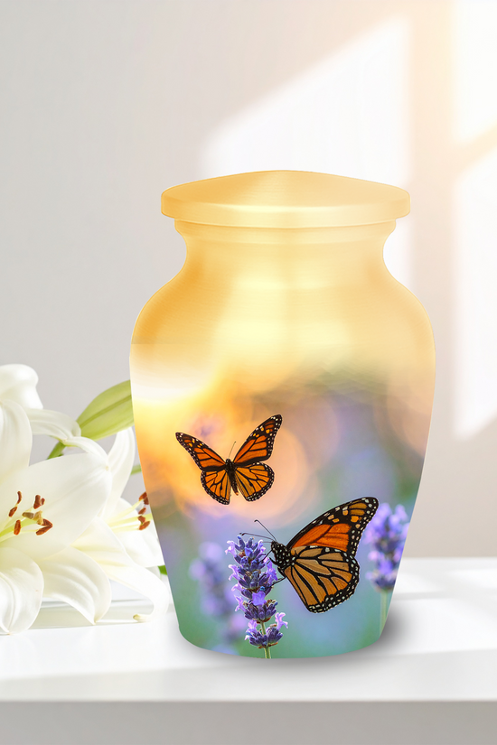 Beautiful butterfly cremation urns for human ashes decorative aluminum funeral urns sunset lavender design
