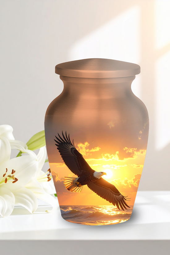 Wilderness memorial urns for human ashes bald eagle soaring aluminum funeral urns dramatic sunset design