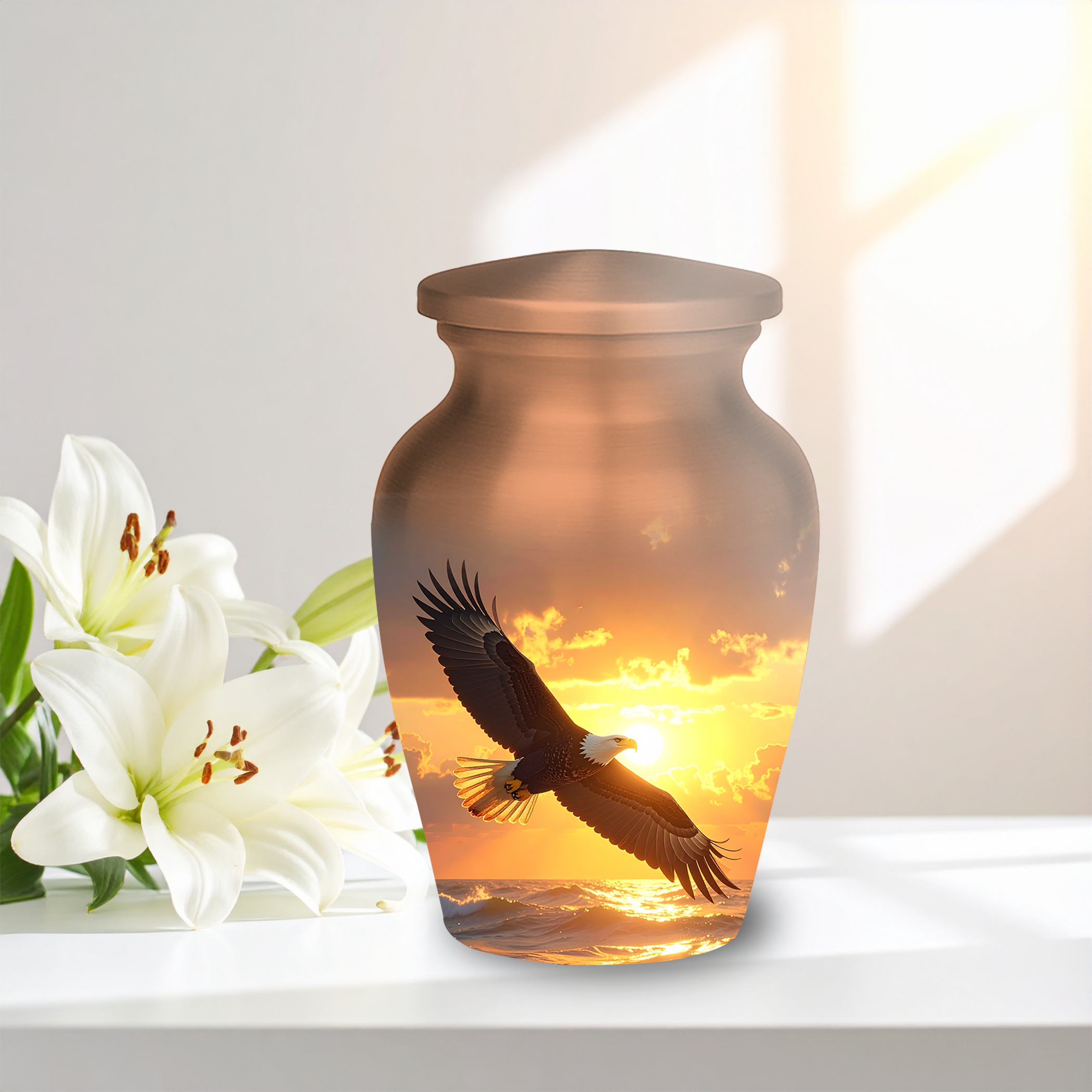 Wilderness memorial urns for human ashes bald eagle soaring aluminum funeral urns dramatic sunset design