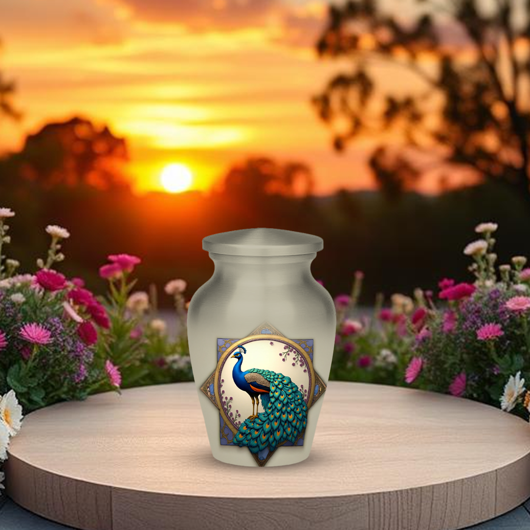 Peacock Cremation Urn for Human Ashes – Elegant Memorial Urn with Velvet Bag