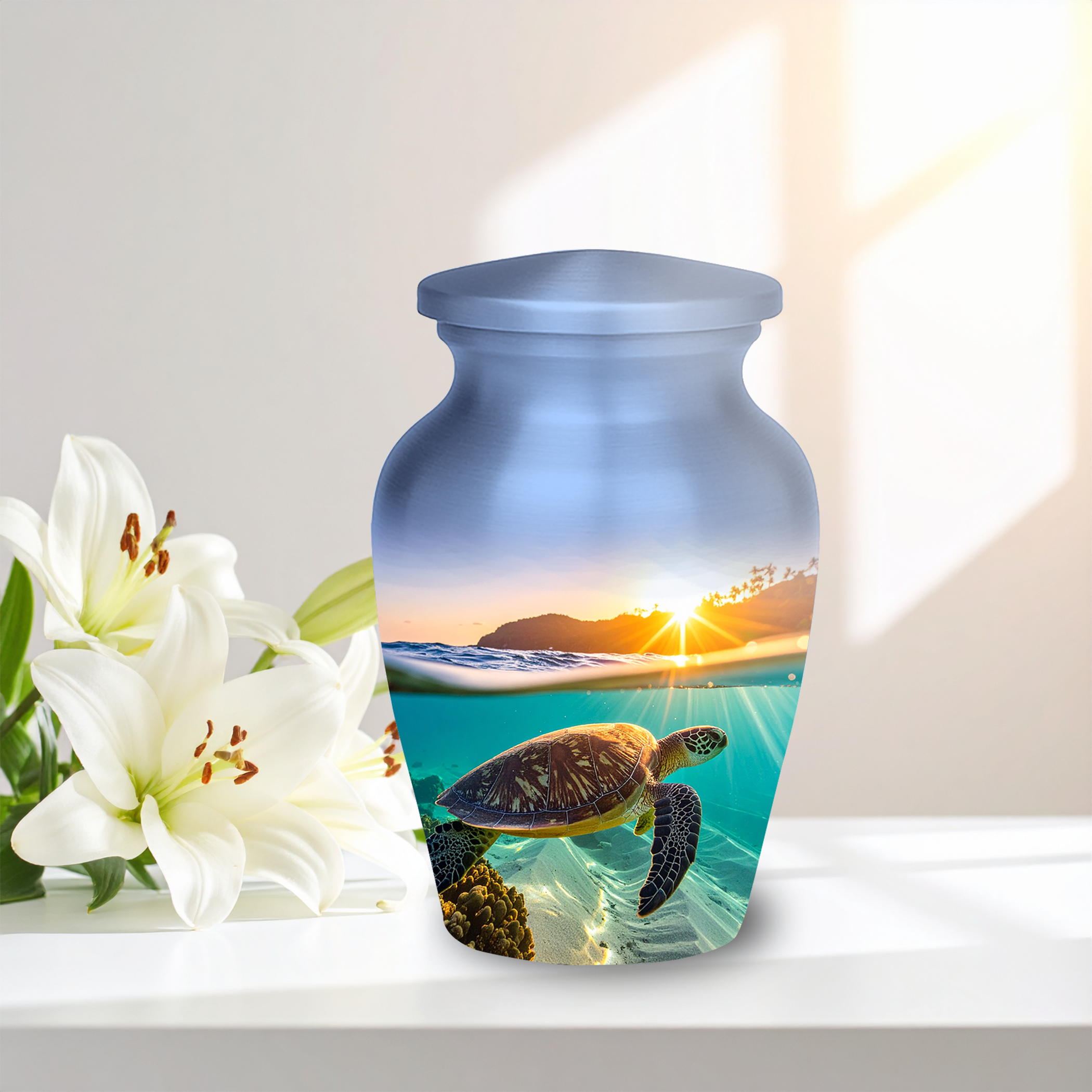 sea turtle swimming gracefully underwater in clear turquoise water, on a cremation urn