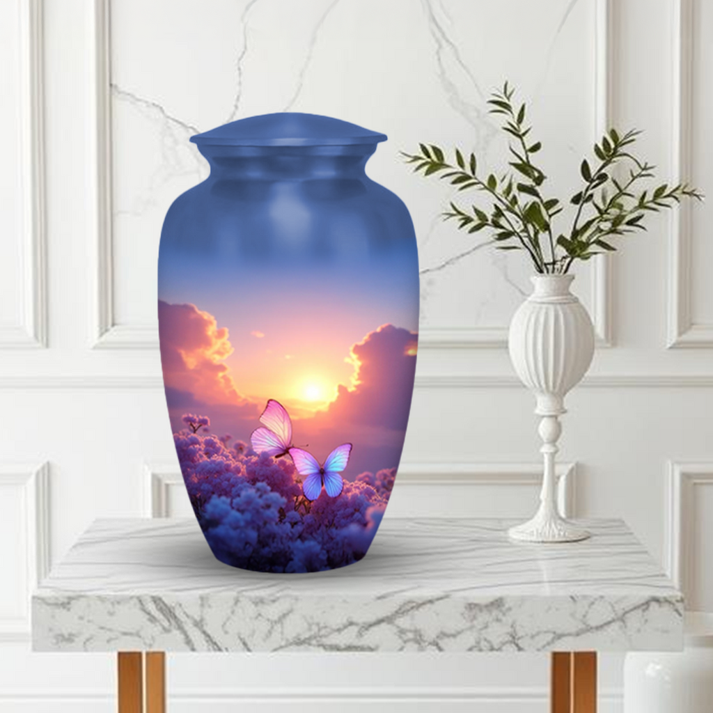 Sunset Butterfly Cremation Urn for Human Ashes – Memorial Urn with Velvet Bag