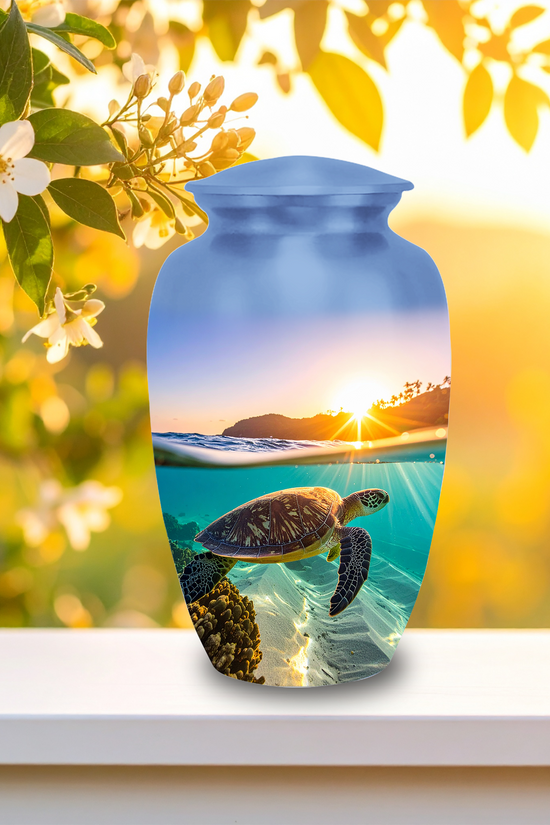 Large 10-inch sea turtle sunset cremation urn for human ashes, featuring a split scene of island sunset and underwater sea turtle, with a black velvet bag.