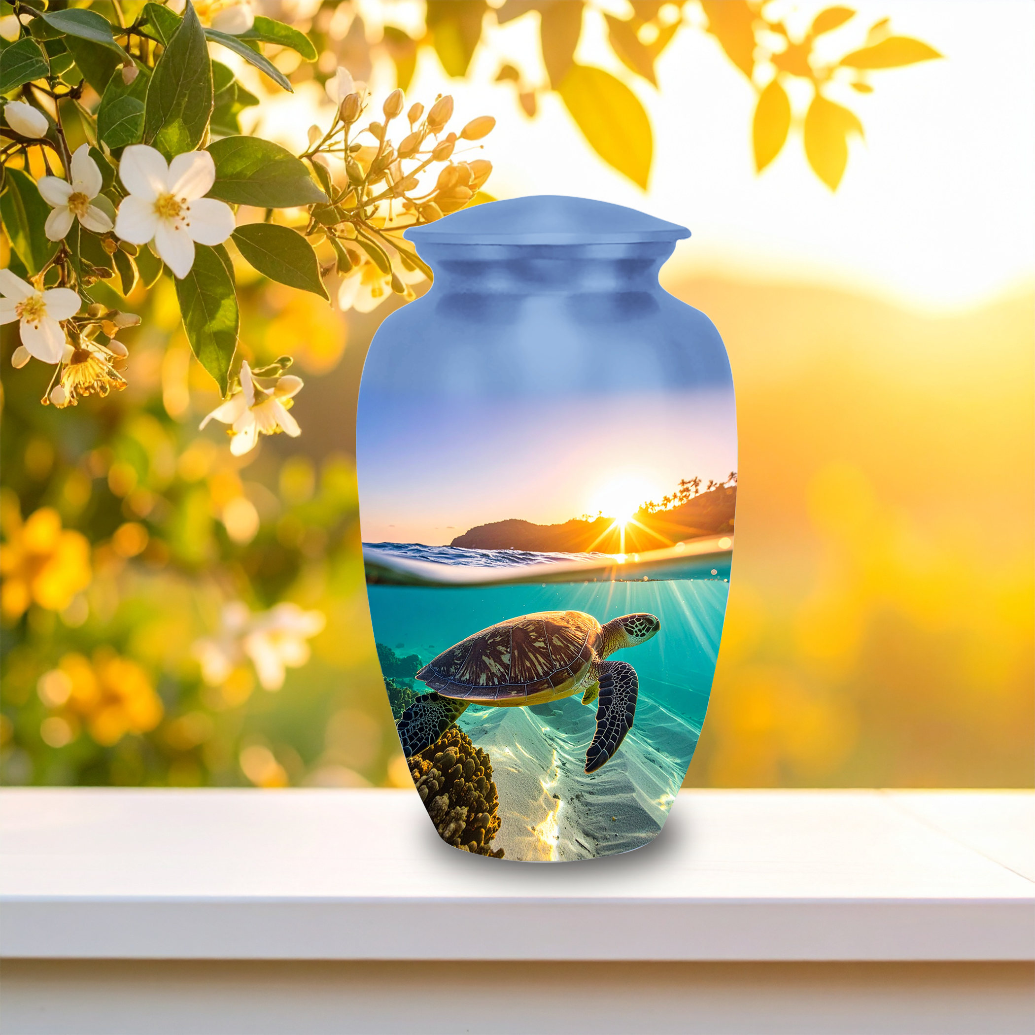 Large 10-inch sea turtle sunset cremation urn for human ashes, featuring a split scene of island sunset and underwater sea turtle, with a black velvet bag.