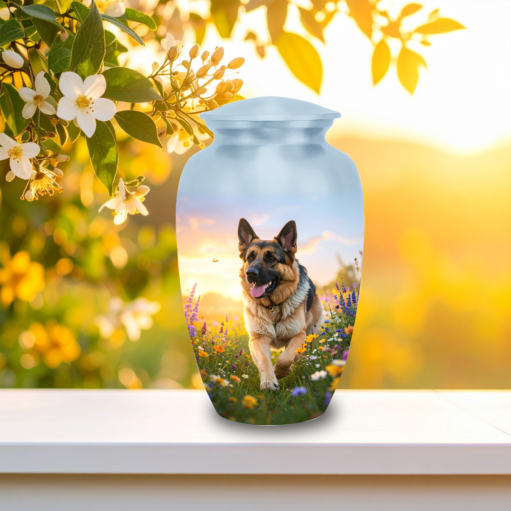 Adult and keepsake-sized German Shepherd pet memorial urns side-by-side, crafted from aluminum with a sunset wildflower design.

