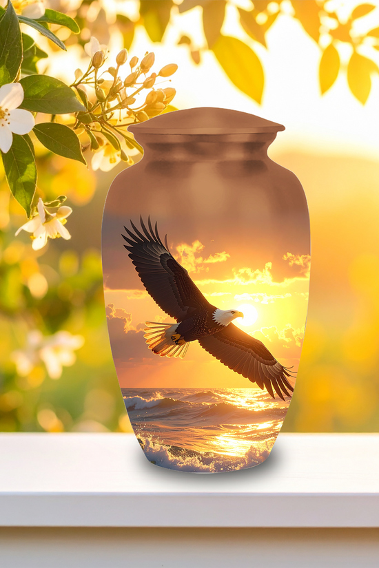 Adult eagle cremation urns 10 inch large urn next to 3 inch small eagle keepsake urns memorial set