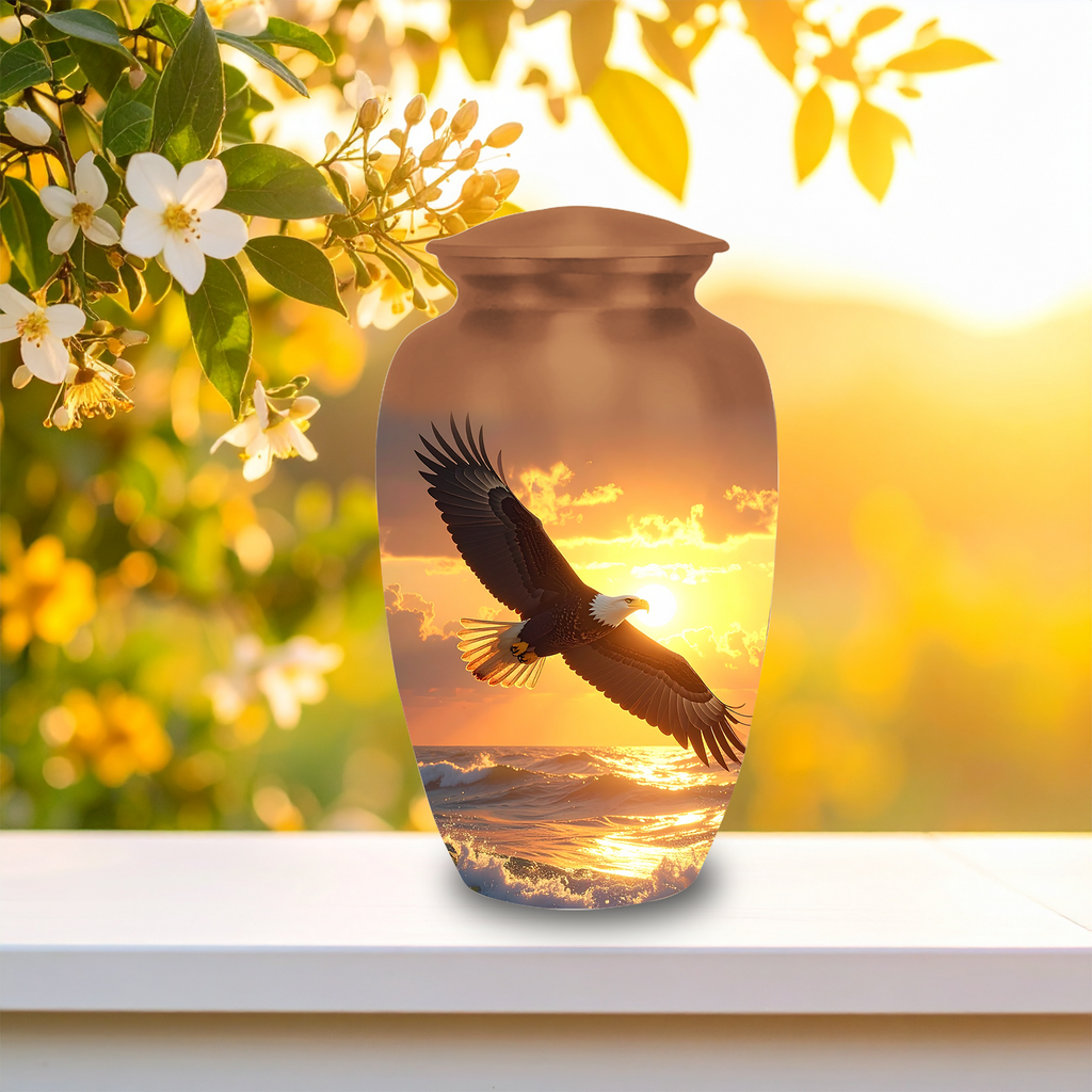 Adult eagle cremation urns 10 inch large urn next to 3 inch small eagle keepsake urns memorial set