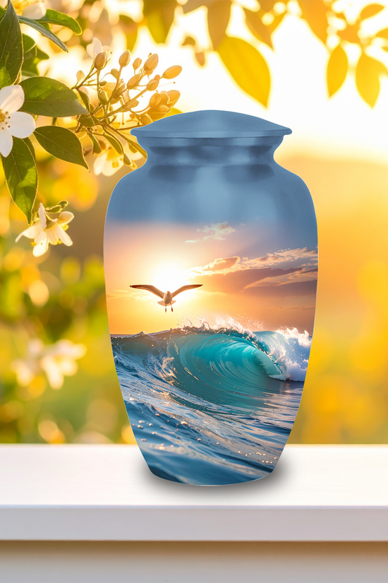 Decorative cremation urn with ocean waves and sunset colors