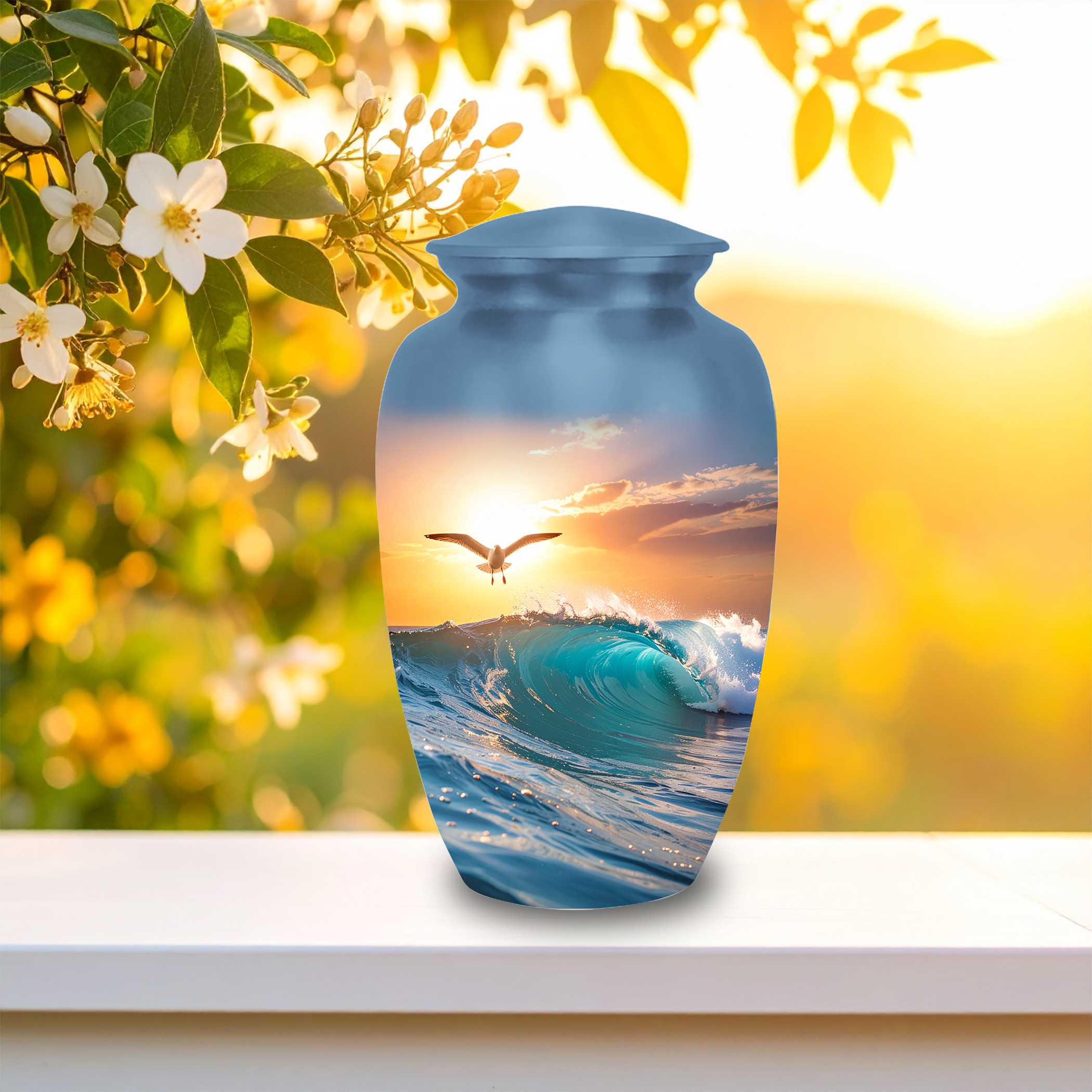 Decorative cremation urn with ocean waves and sunset colors
