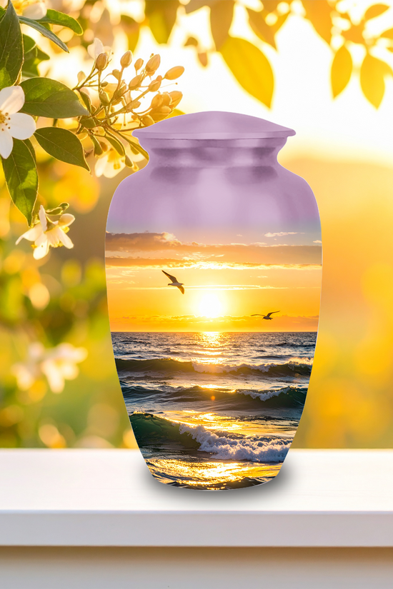 Decorative cremation urn with sunset beach artwork