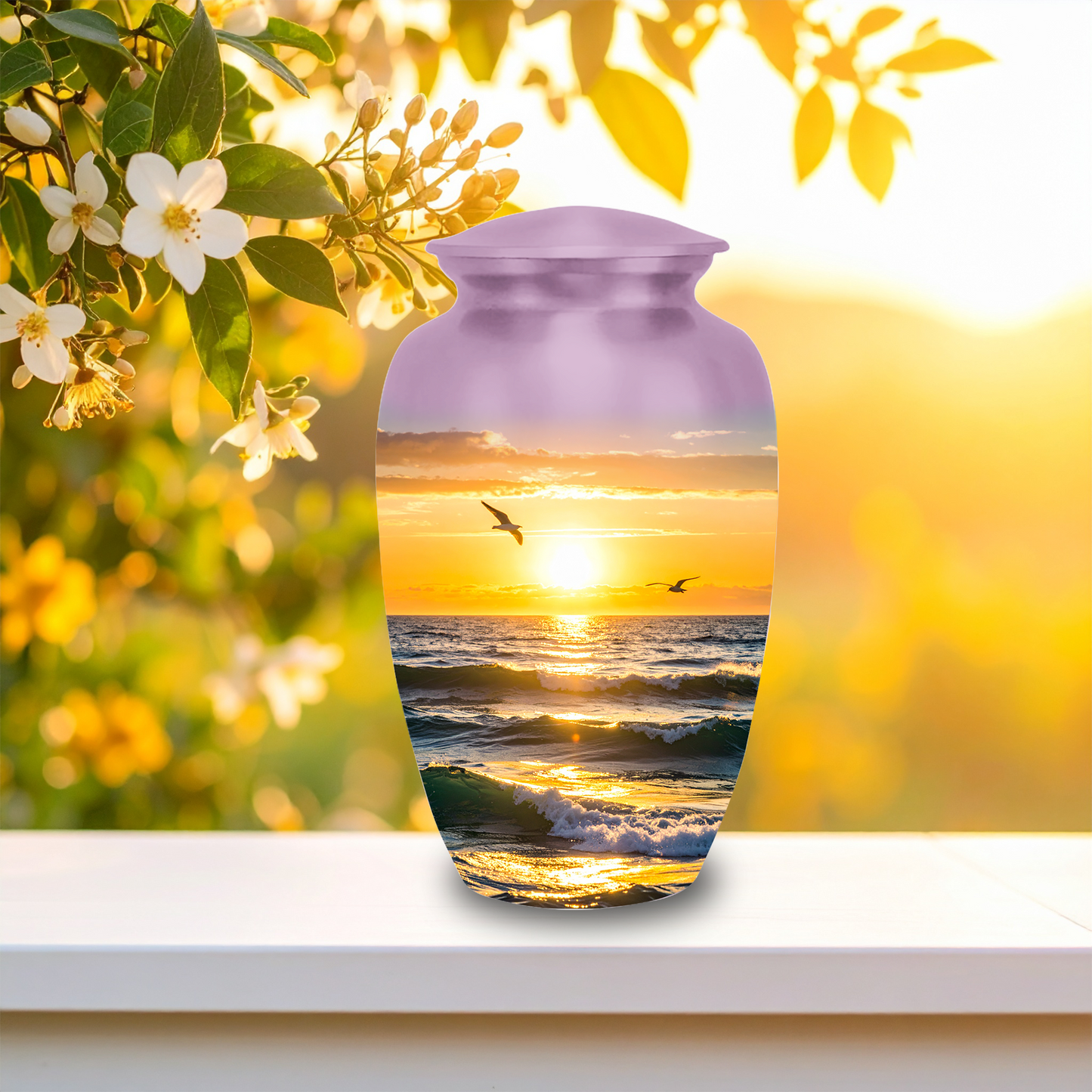 Decorative cremation urn with sunset beach artwork