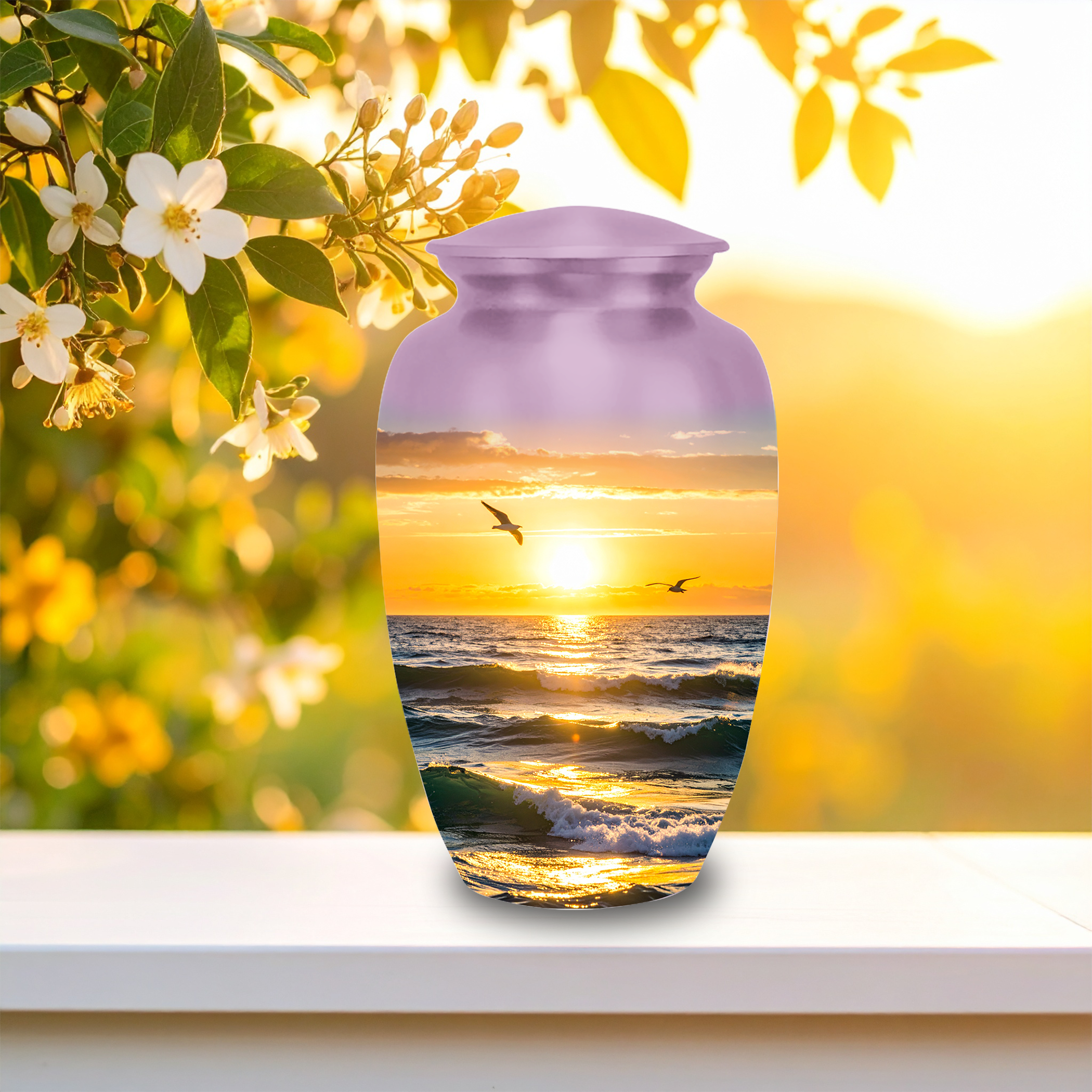 Decorative cremation urn with sunset beach artwork