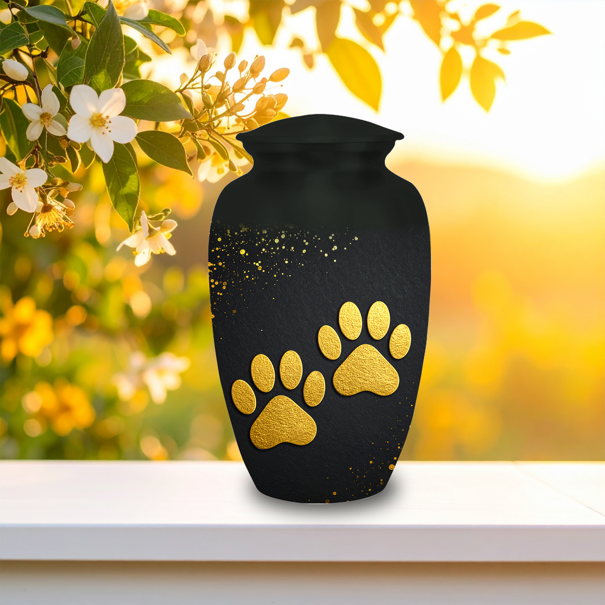 Pet ashes urn with golden paw prints