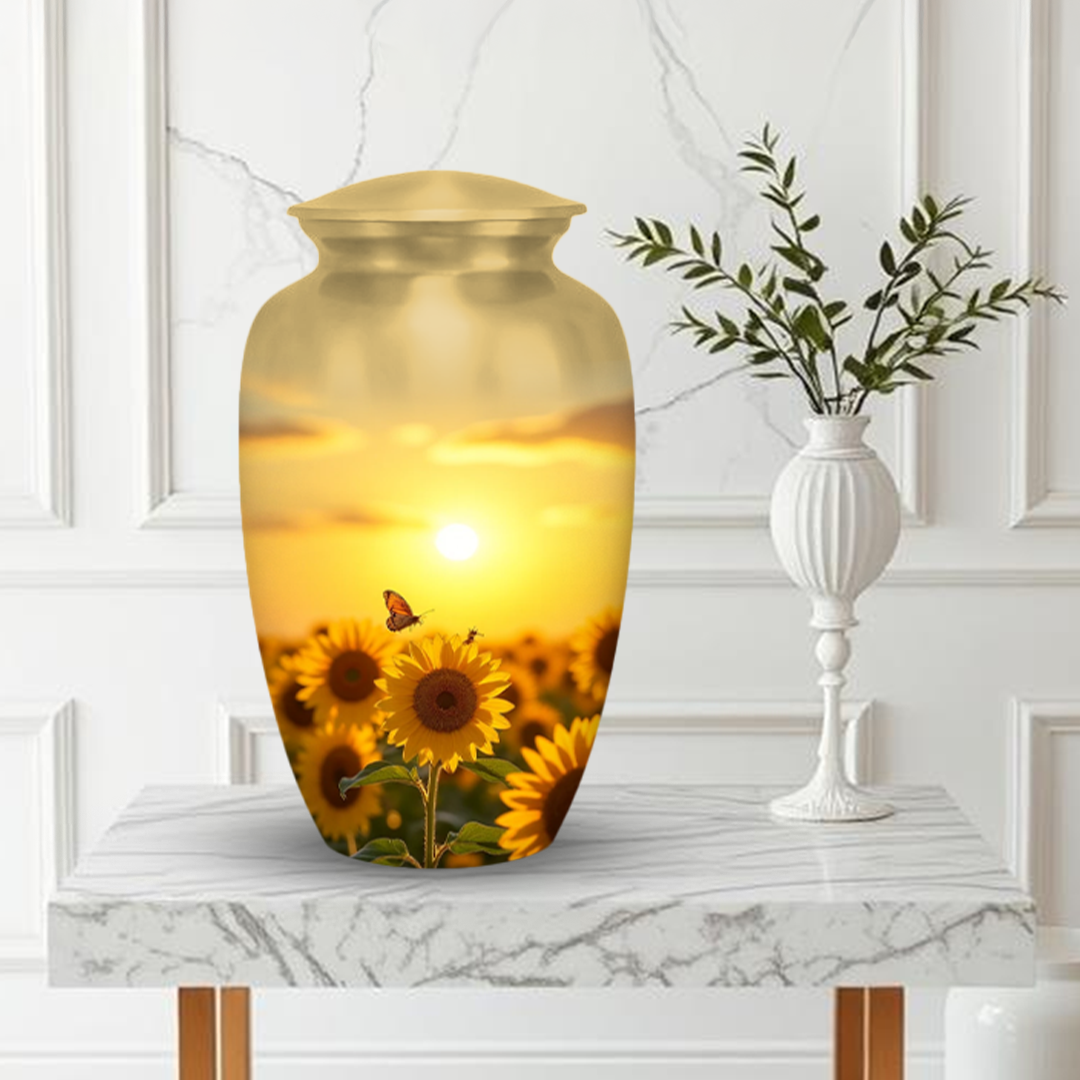 Handmade Cremation Urn for Human Ashes Adult – Sunflower Aluminum Memorial Urn, Large 10 Inch 200 Cubic Inches Funeral Burial Urn