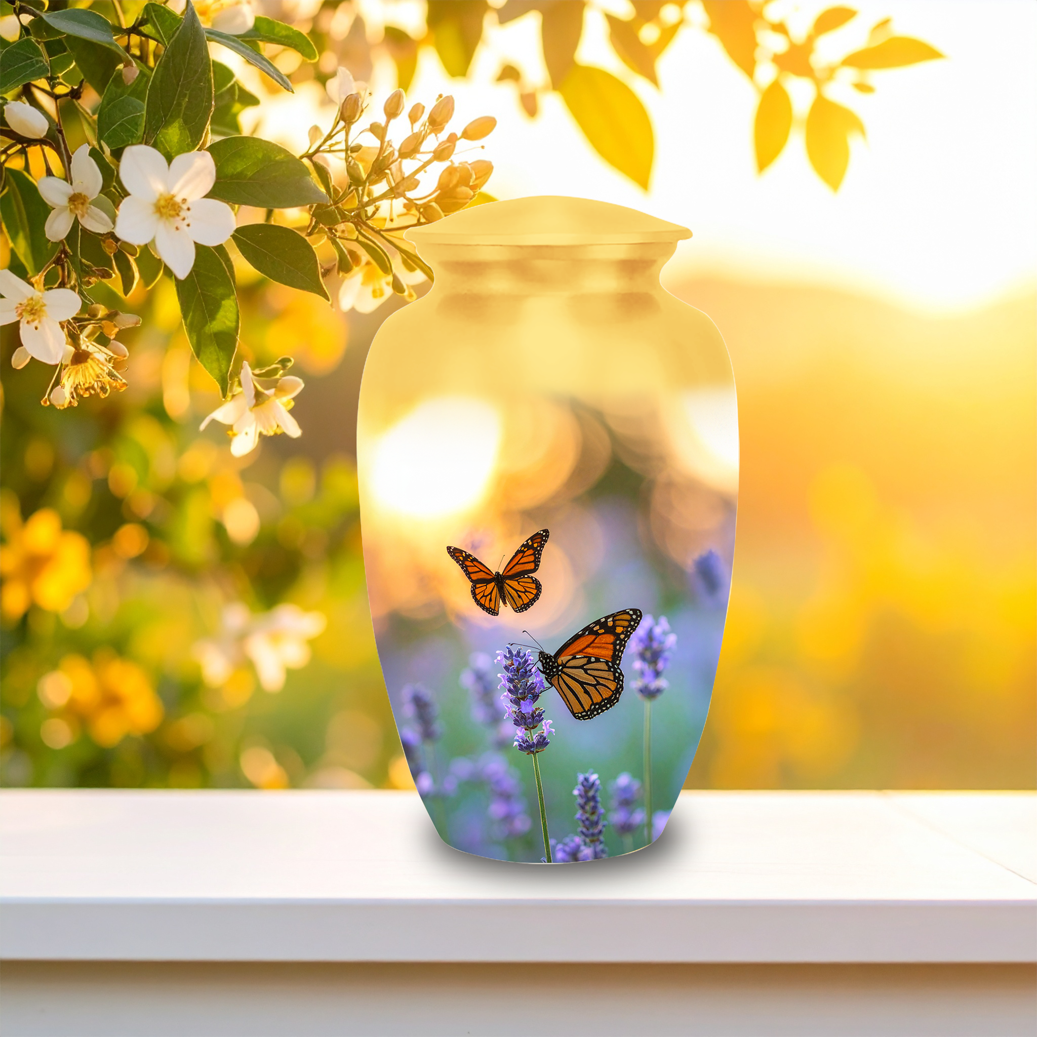 Adult cremation urns 10 inch large urn next to 3 inch small keepsake urns for ashes size comparison
