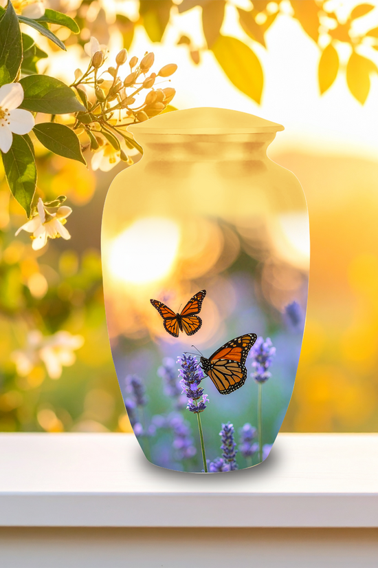 Adult cremation urns 10 inch large urn next to 3 inch small keepsake urns for ashes size comparison
