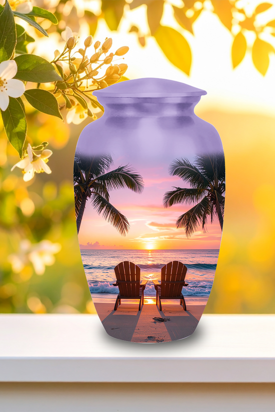 Adult and keepsake-sized tropical beach sunset memorial urns side-by-side, both crafted from aluminum