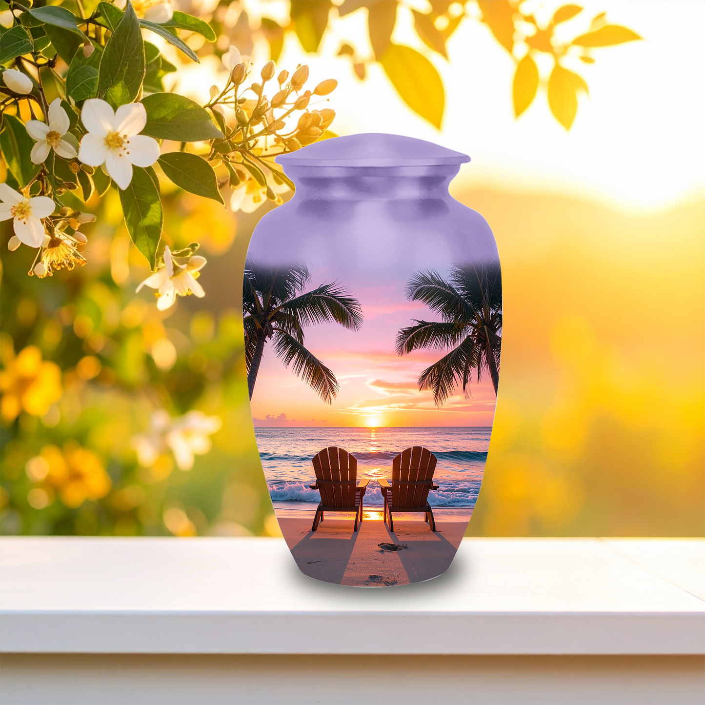 Adult and keepsake-sized tropical beach sunset memorial urns side-by-side, both crafted from aluminum