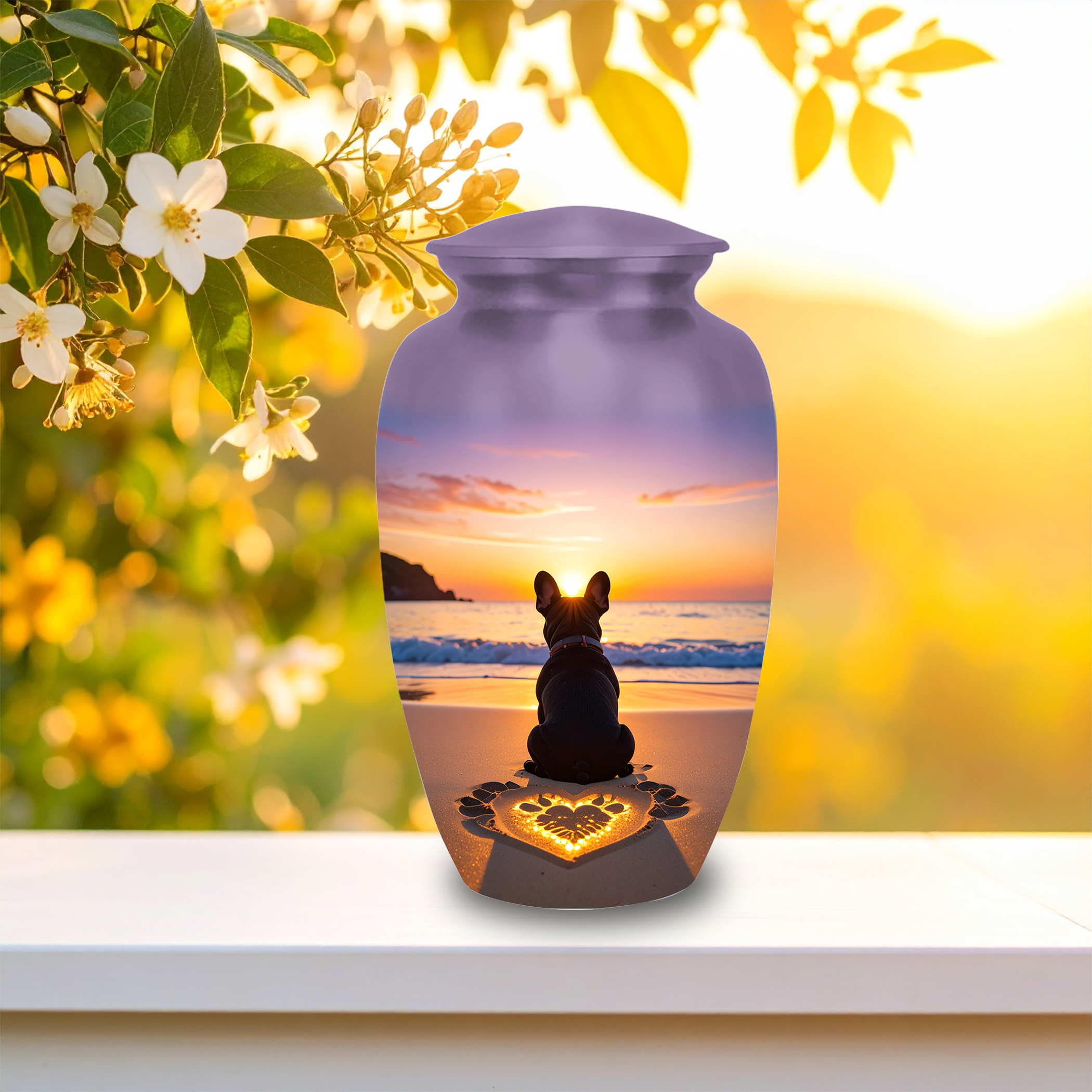 Pet memorial urn with dog at the beach