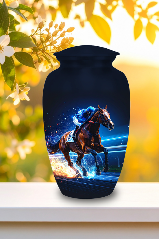 Horse racing cremation urns for ashes aluminum memorial urns jockey on galloping racehorse night sky design

