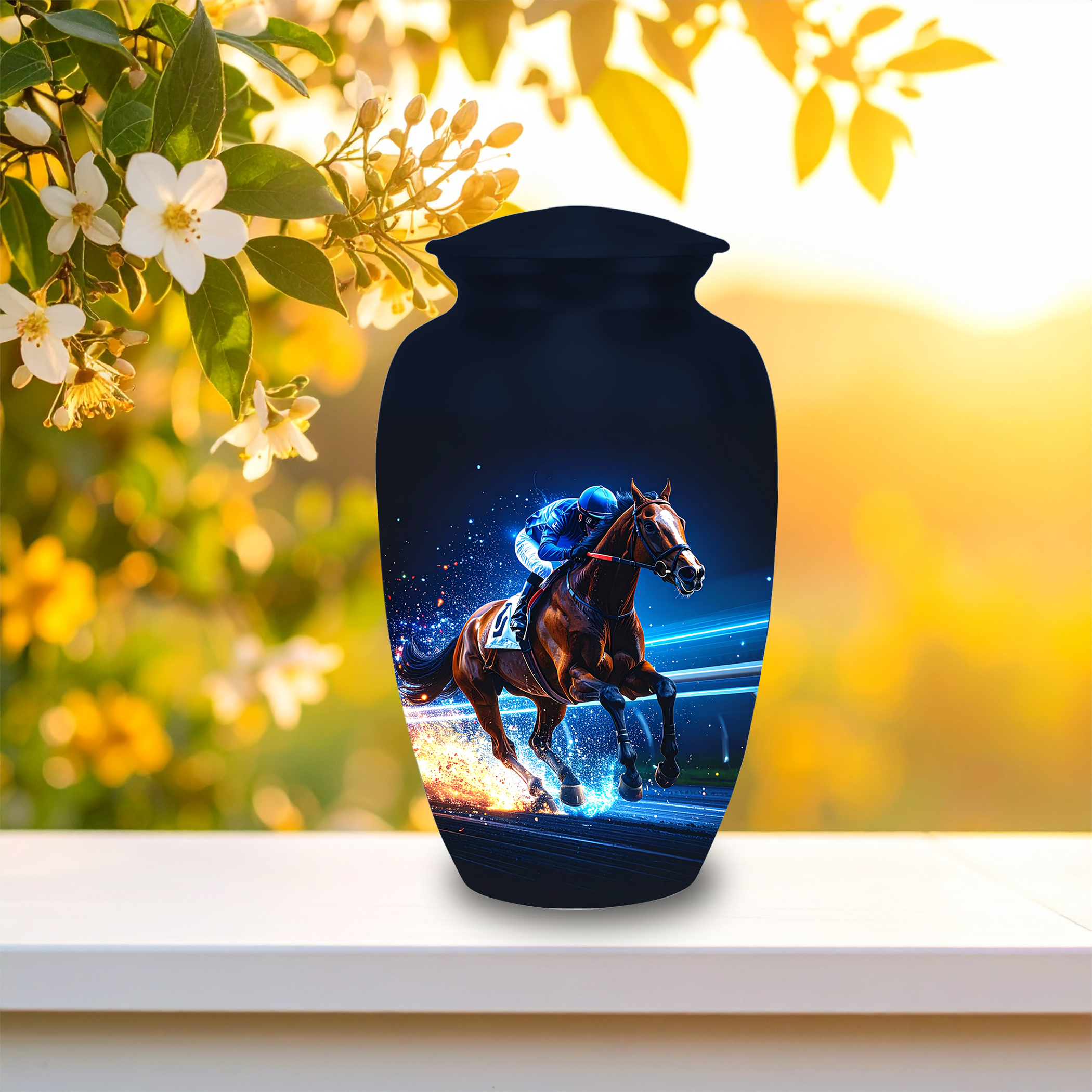 Horse racing cremation urns for ashes aluminum memorial urns jockey on galloping racehorse night sky design

