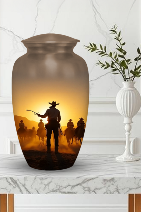 Cowboy Cremation Urn for Human Ashes – Western Memorial Urn with Velvet Bag – Urns for Men, Dad, or Loved Ones