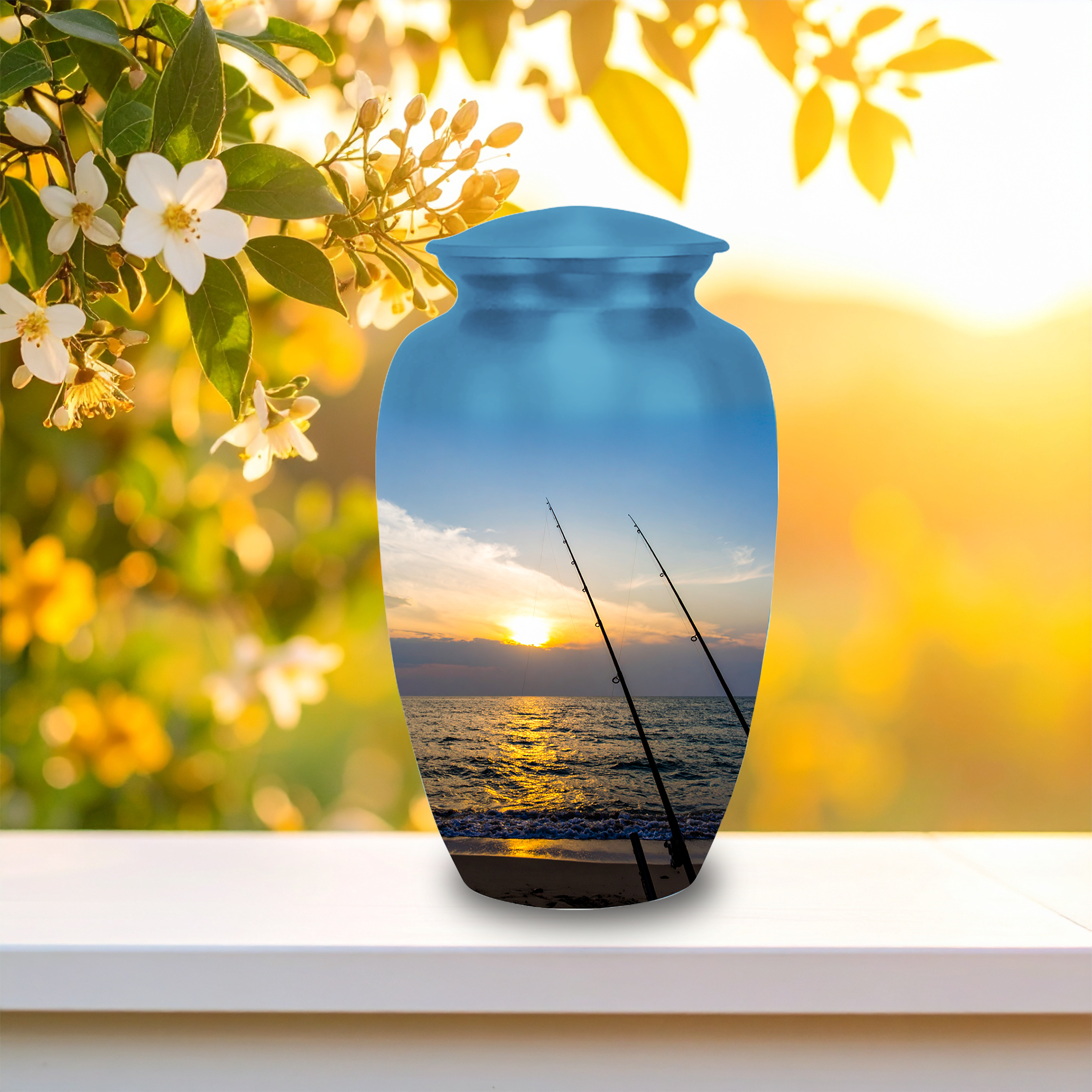 Fishing Cremation Urn for Human Ashes Adult – Handmade Aluminum Fisherman Memorial Funeral Urn, 10 Inch Large 200 Cubic Inches Burial Urn for Ashes