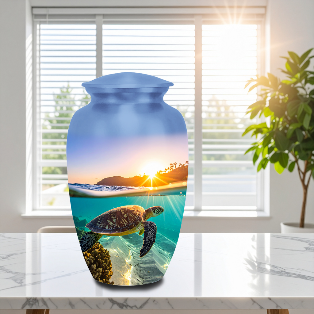 Adult and keepsake-sized sea turtle sunset memorial urns side-by-side, crafted from aluminum with a beautiful ocean graphic