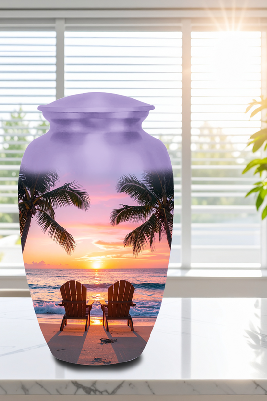 Large 10-inch tropical beach sunset cremation urn for human ashes, featuring palm trees, Adirondack chairs, and an ocean sunset