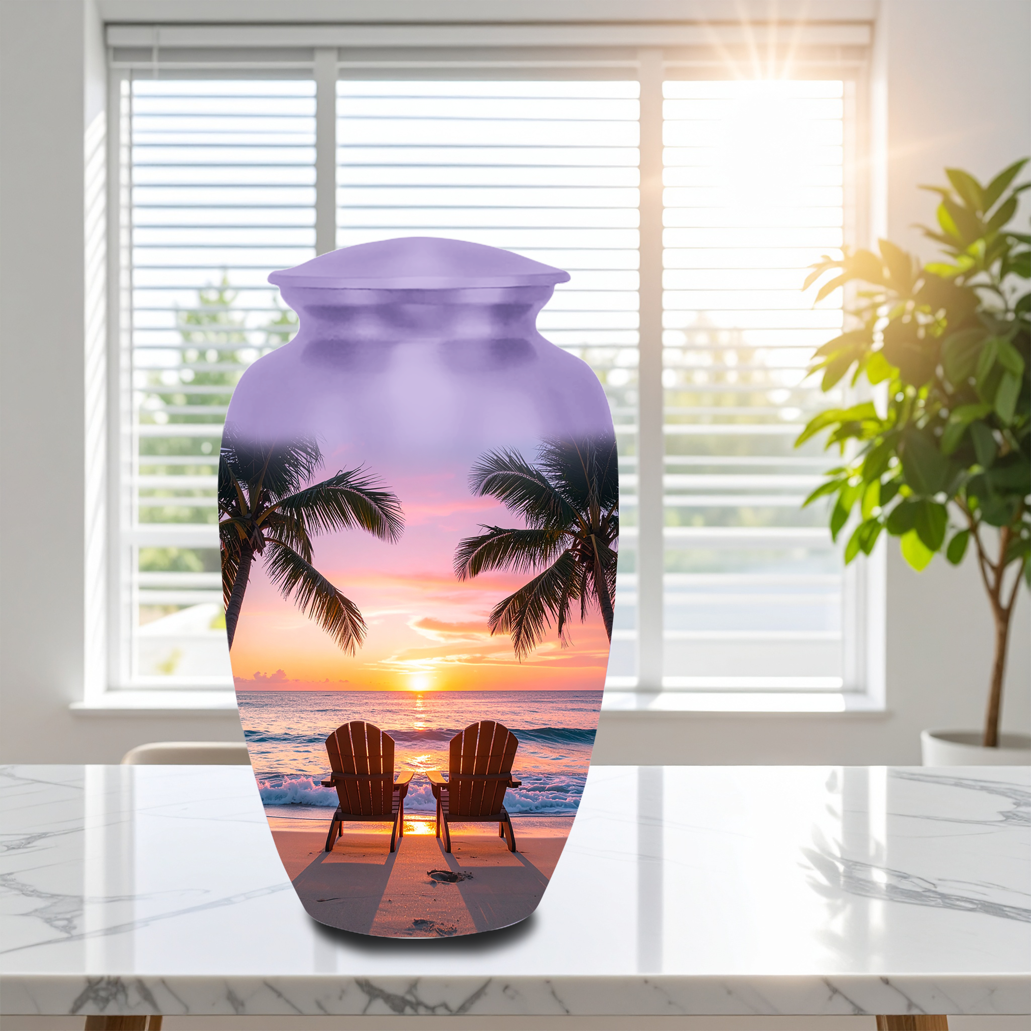 Large 10-inch tropical beach sunset cremation urn for human ashes, featuring palm trees, Adirondack chairs, and an ocean sunset