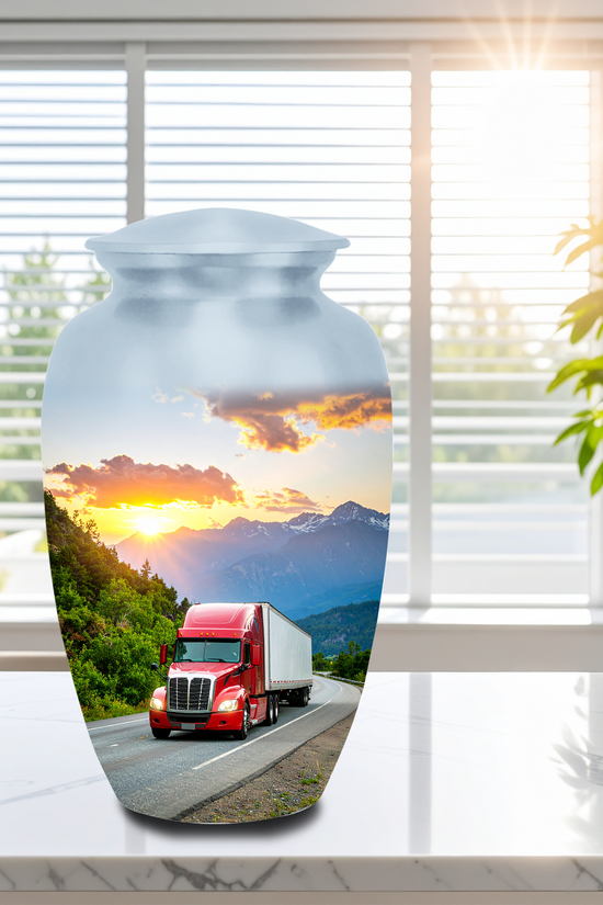 Beautiful truck-themed funeral urn for ashes with velvet bag