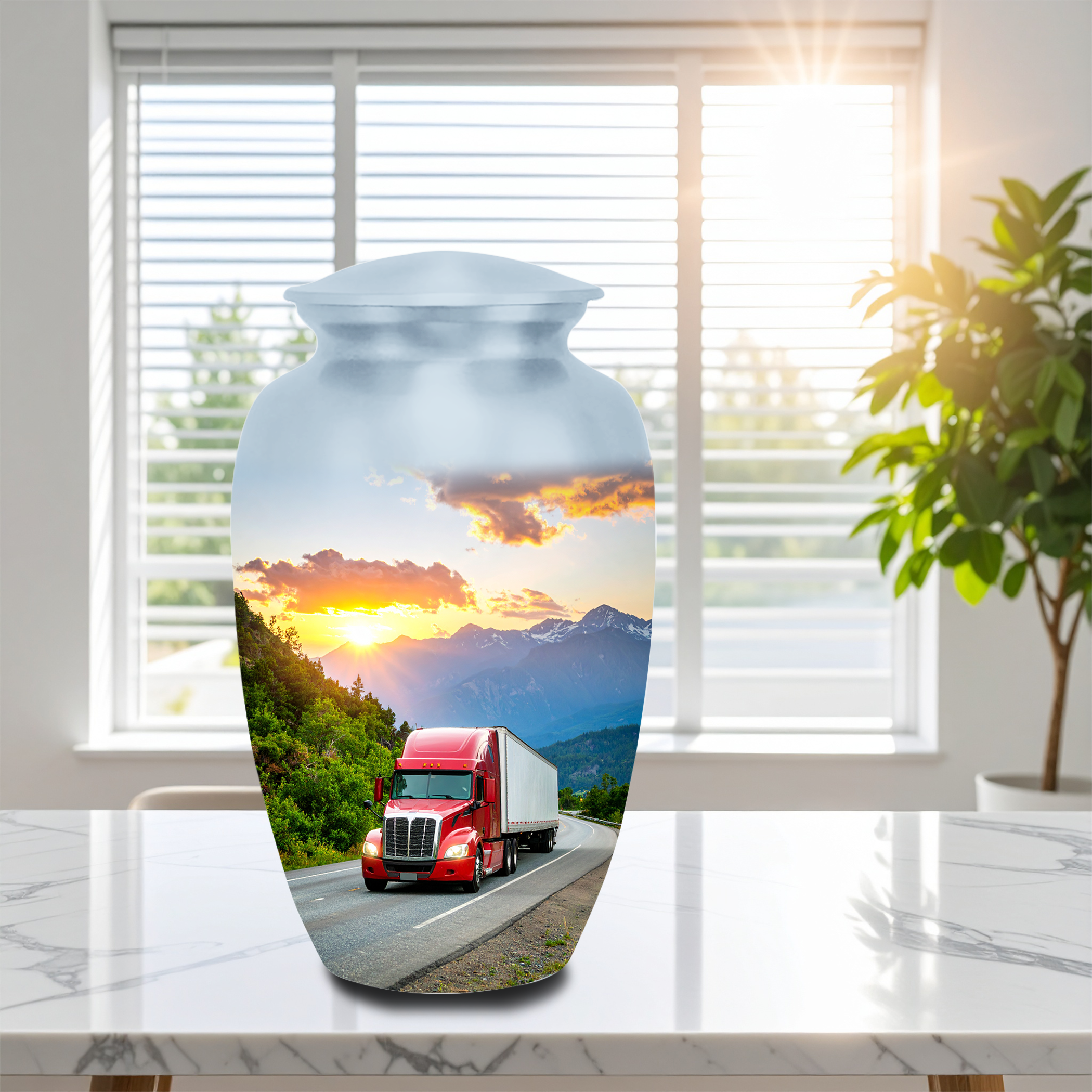 Beautiful truck-themed funeral urn for ashes with velvet bag